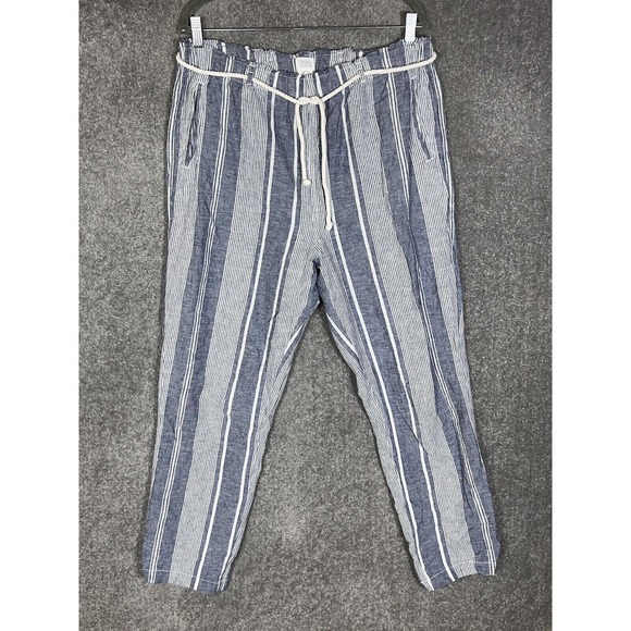 Sigrid Olsen Linen Cotton Striped Pull On Pants Womens Size XL Blue Rope Belt - Picture 1 of 8